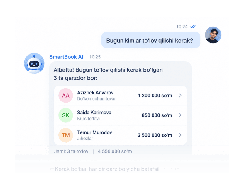 SmartBook AI bugun to‘lov qilishi kerak bo‘lgan qarzdorlar ro‘yxatini ko‘rsatmoqda